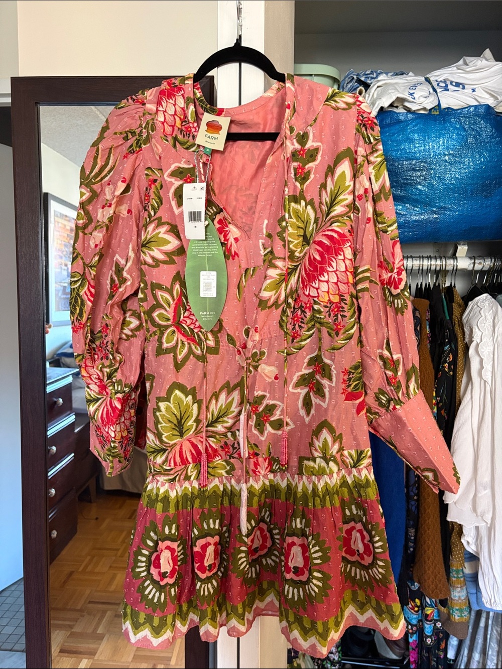 Farm Rio M cover up NWT. Floral Pink Long-Sleeve Tiered Dress - Picture 1 of 9